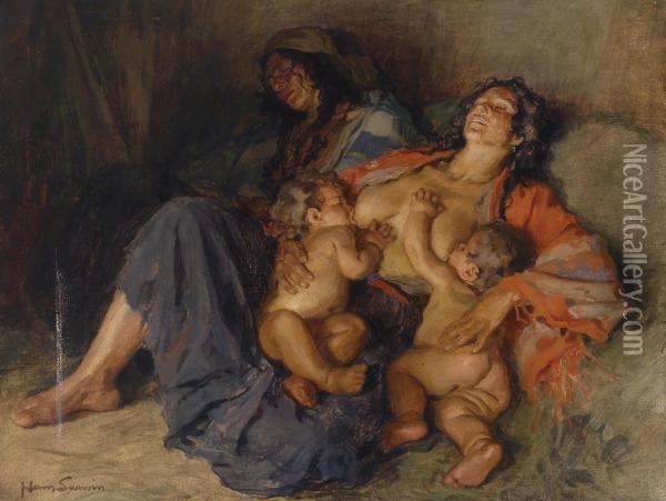 Gypsy With Her Two Children Oil Painting - Johann Larwin