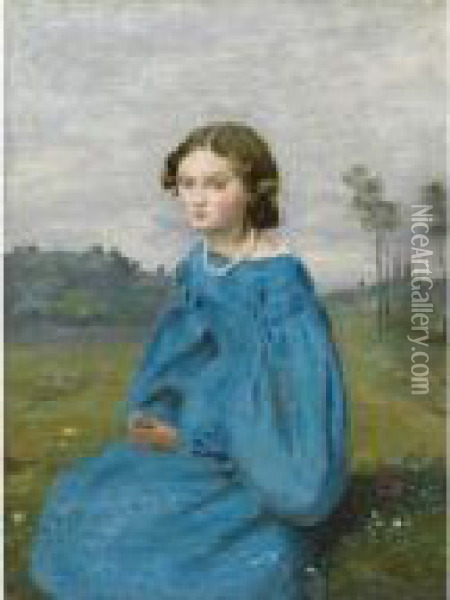 Jeune Fille A La Robe Bleue Oil Painting - Jean-Baptiste-Camille Corot