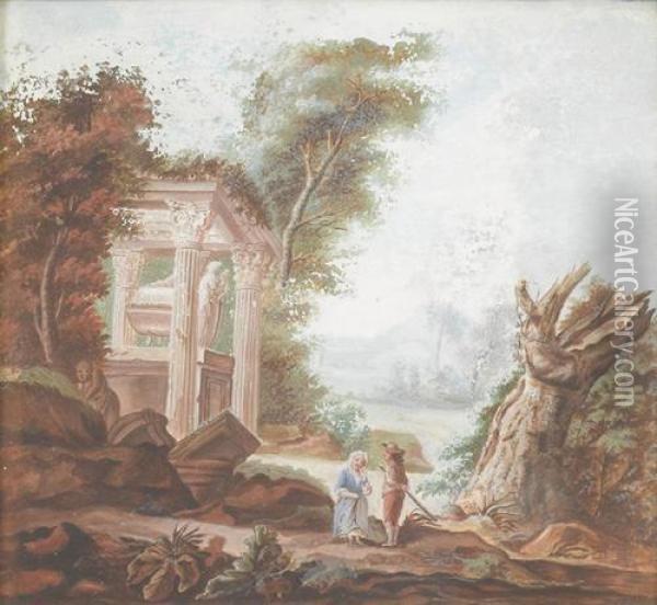 Landschaft Mit Antiken Ruinen Und Zwei Figuren. Oil Painting - Francois-Marius Granet