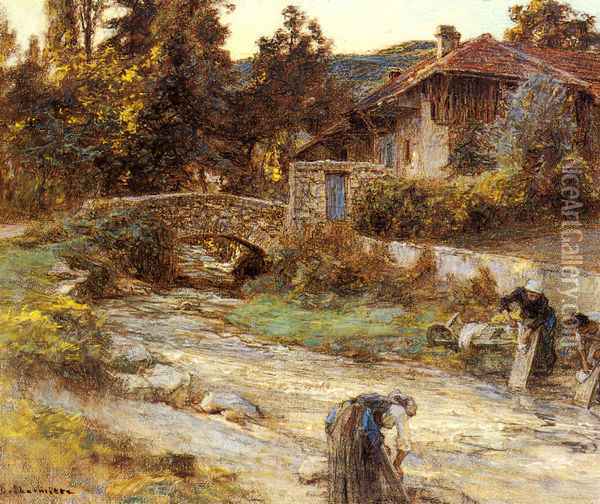 Washerwomen at a Stream with Buildings beyond Oil Painting - Leon Augustin Lhermitte