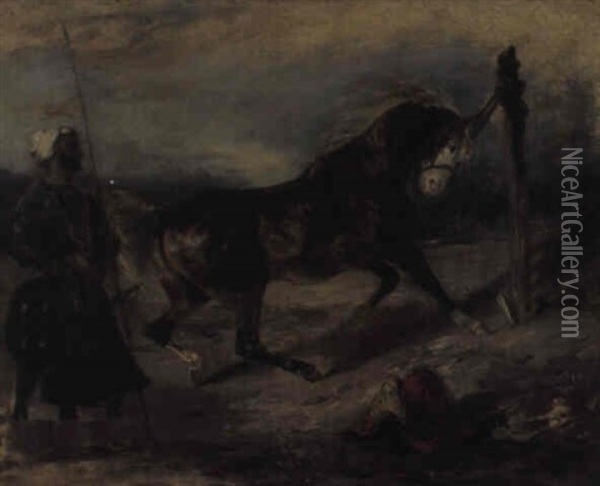 An Indian Warrior With A Tethered Horse Oil Painting - Eugene Delacroix