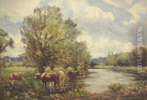 'cattle Watering In A Wood', Oil, Signed Panel, 9 Oil Painting - John Rabone Harvey