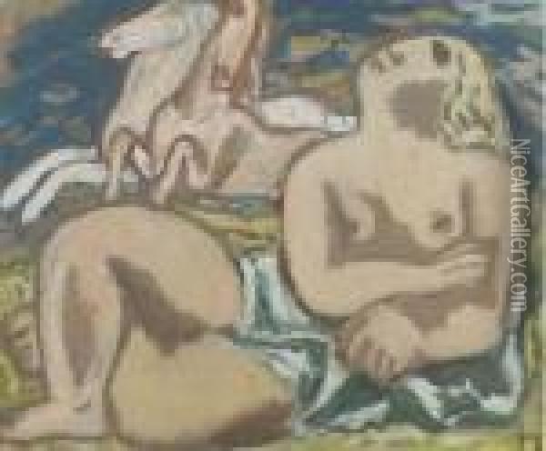 Reclining Nude With White Horses Oil Painting - Leo Gestel