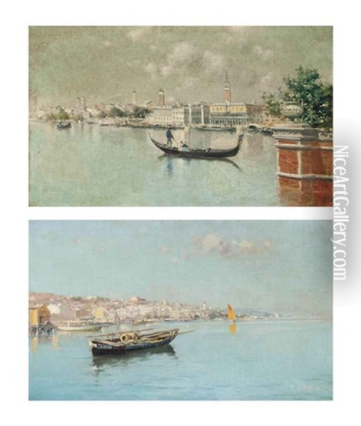 A Gondola Ride Before The Molo, Venice And Boats Moored Off A Coastal Town (pair) Oil Painting - Eliseo Meifren y Roig