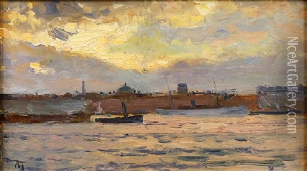 Coucher De Soleil Sur Le Port Oil Painting - Michail Stiepanovitch Tkatchenko
