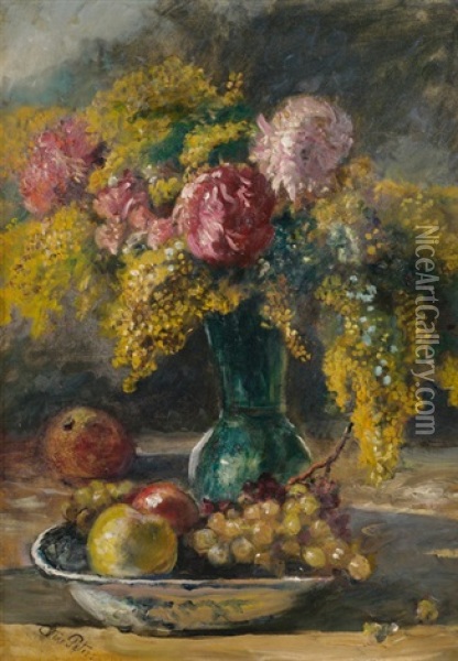 Stilleben Mit Blumen Und Fruchten In Einer Schale Oil Painting - Anna Peters