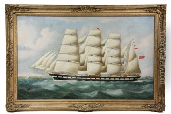 Ships Portrait Of British Four Mast Barque 'penares' Oil Painting - Richard B. Spencer