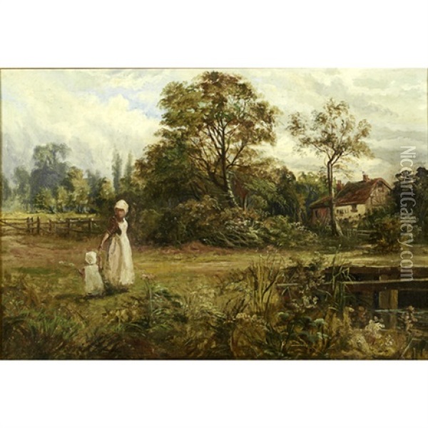 A Woman Child In A Landscape Oil Painting - John Winstanley Breyfogle