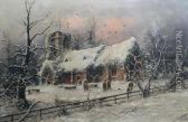 A Winter Church Scene Oil Painting - Nils Hans Christiansen