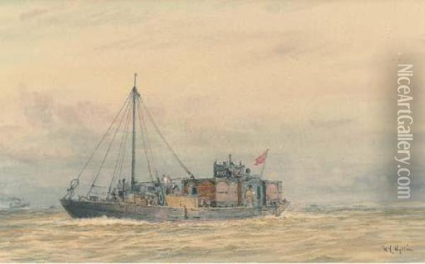 The Wartime Auxiliary X222 At Work Oil Painting - William Lionel Wyllie