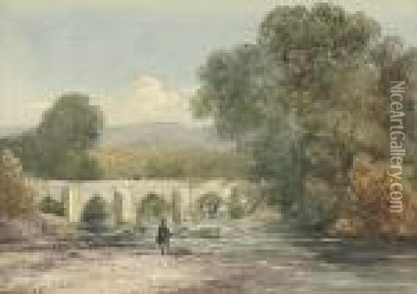 An Angler On The River Wharfe, Possibly Near Burnsall Bridge, Yorkshire Oil Painting - David I Cox