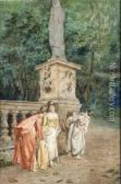 Drei Junge Damen Im Schlosspark. Oil Painting - Sir Hubert von Herkomer