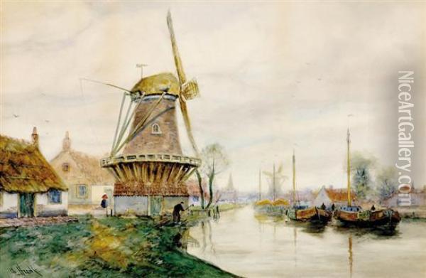 Windmills Along Oil Painting - George Linton Herdle