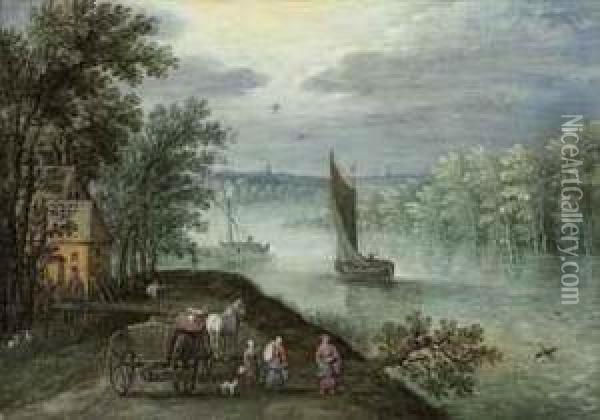 A Wooded, River Landscape With A
 Sailing Boat, Figures With A Horseand Cart On A Track In The Foreground Oil Painting - Marten Ryckaert