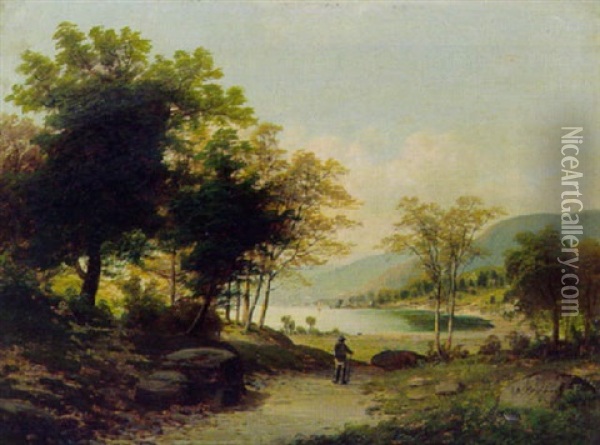 Wanderer An Einem Bergsee Oil Painting - Antonio Fontanesi