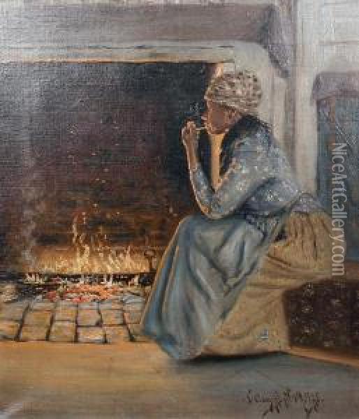By The Fireside Oil Painting - John Campbell Phillips