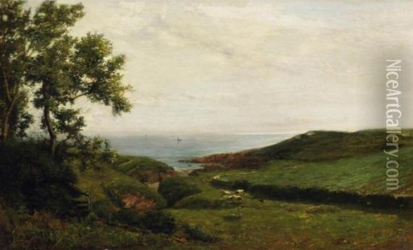Scottish Coastal Landscape With Cows On The Meadows Oil Painting - James Campbell Noble