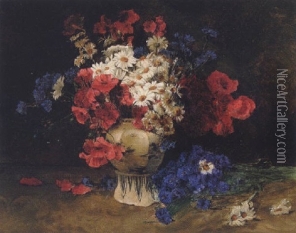 Valmuer, Kornblomster Og Margueritter I En Vase Oil Painting - Peder Jacob Marius Knudsen