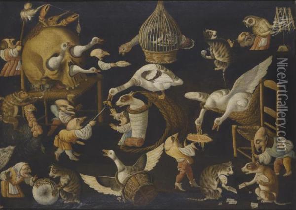 A Grotesque Scene With Animals Playing And A Dog Wrapped In Swaddling Clothes Oil Painting - Master Of The Fertility Of The Egg