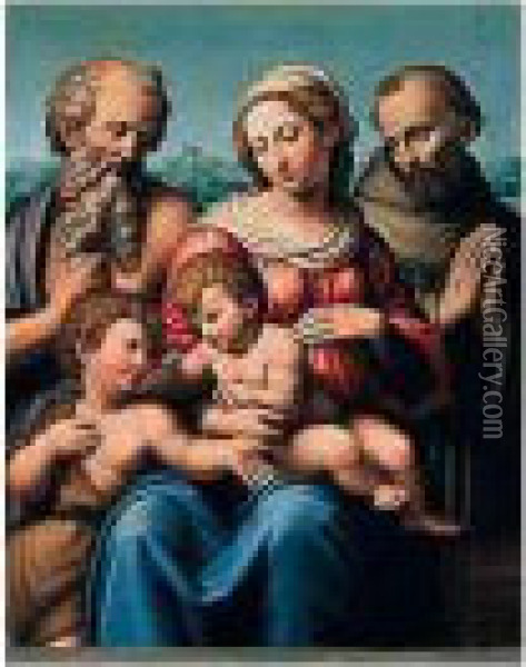 The Madonna And Child With The 
Infant Saint John The Baptist And Saints Jerome And Francis Oil Painting - Innocenzo Da Imola