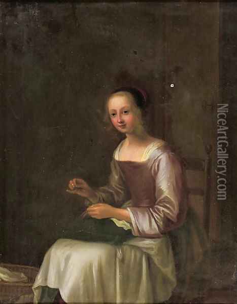 A young lady sewing in an interior Oil Painting - Pieter Harmansz Verelst