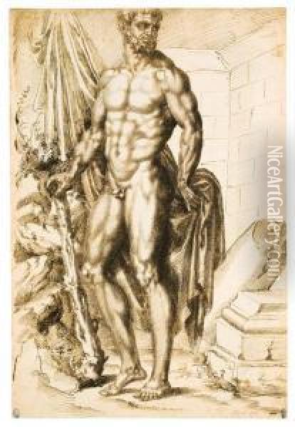 Hercules Turned To The Left, Leaning On A Club, Holding Drapery, Bythe Ruins Of A Temple
With Inscriptions 'del Paserotti' And 'di Baccio' 
Pen And Brown Ink Over Stylus Indications ,watermark Crowned Shield Oil Painting - Baccio Bandinelli