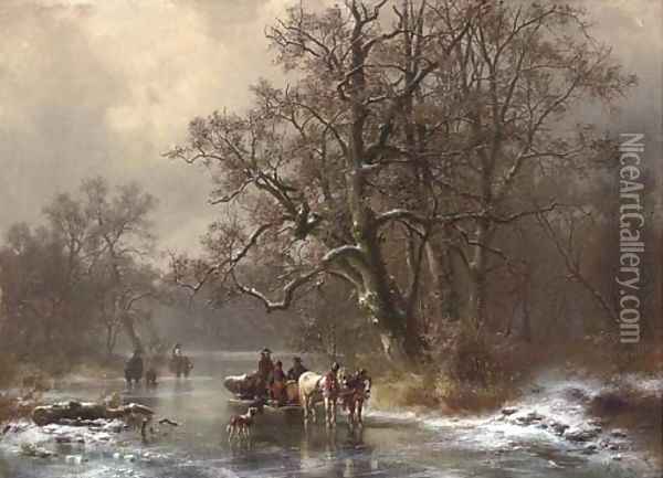 Loggers on a frozen waterway Oil Painting - Heinrich Hofer
