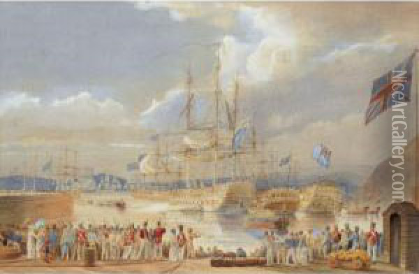 The British Fleet At Anchor, 
Making Ready To Set Sail, Figures Gathered On The Quay In The 
Foreground, Traditionally Identified As Portsmouth Harbour Oil Painting - John Christian Schetky