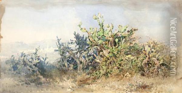 Cacti With Village In The Background Oil Painting - Angelos Giallina