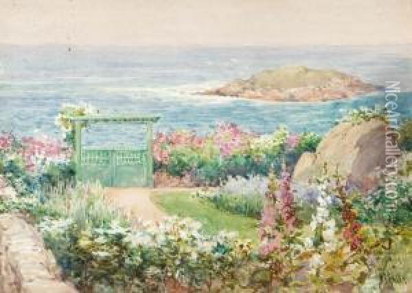 Coastal View From A Summer Garden. Oil Painting - Robert Ford Gagen