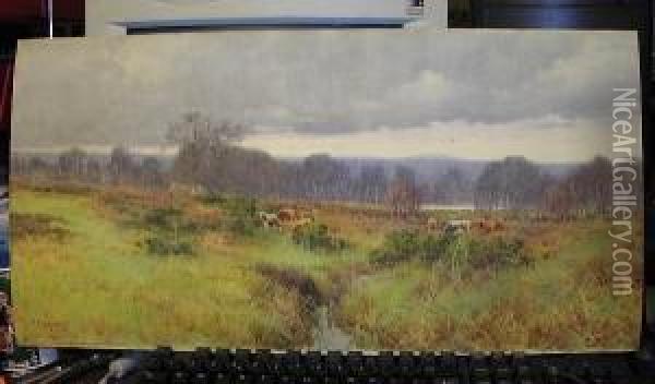 Cattle Grazing In A Woodland And Moorland Lanscape Oil Painting - Mary S. Hagarty