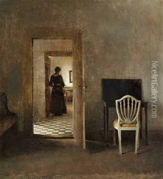 Interior From Liselund With A Woman Standing In The Doorway. In The Foreground A Table And A Chair Oil Painting - Peter Vilhelm Ilsted