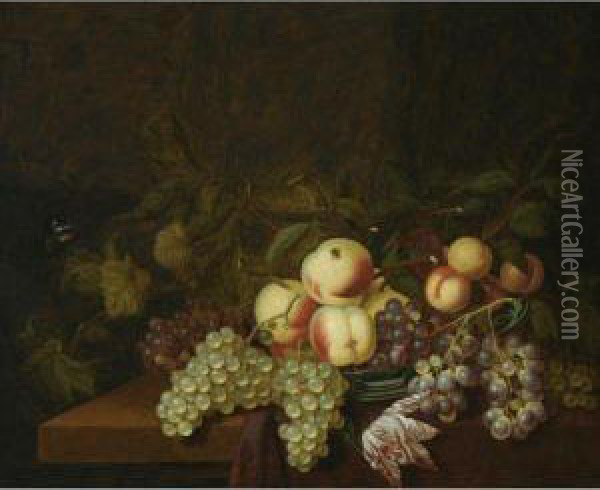 Still Life Of Peaches And Grapes
 In A Wan-li Porcelain Bowl, Together With A Butterfly, All Arranged On A
 Table Partly Draped With A Red Cloth Oil Painting - Bartholomeus Assteyn