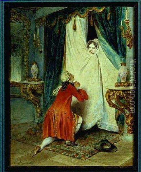 Man Kneeling Before A Woman Who Is Hiding Behind Bed Hangings Oil Painting - Theophile Evariste Fragonard