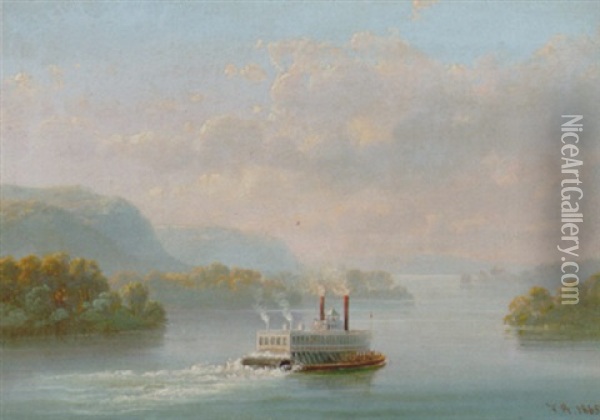 Hjuldamper Pa Hudson River Nord For New York Oil Painting - Ferdinand Richardt