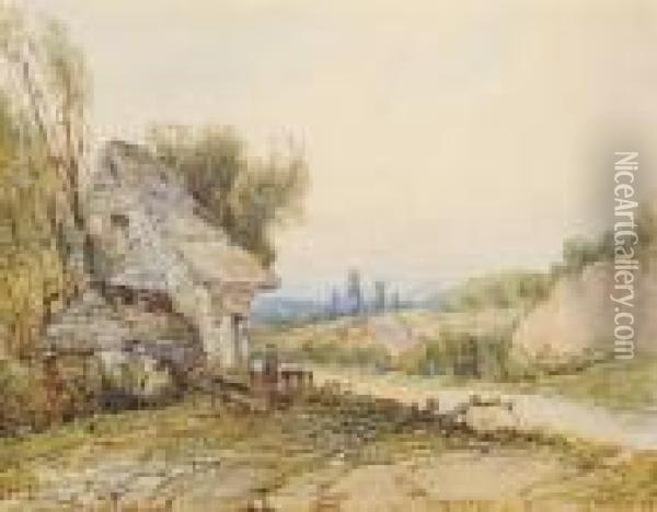 Figures And A Donkey Beside A Cottage Oil Painting - William Joseph Caesar Julius Bond