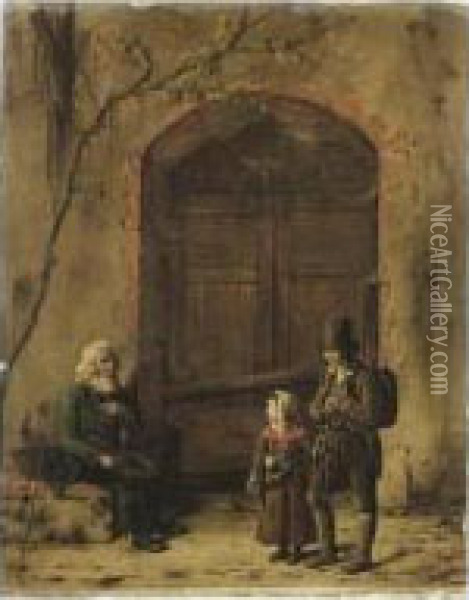 Deux Enfants Passant Devant Un Vieillard Oil Painting - Claude Jacquand