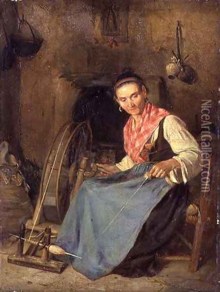 Woman Spinning Oil Painting - Thomas Stuart Smith