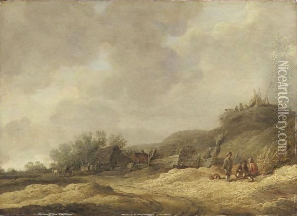 Chaumiere Dans Un Paysage De Dunes Avec Des Promeneurs circle Of Jan Van Goyenfigures Near A Cottage Oil Painting - Jan van Goyen