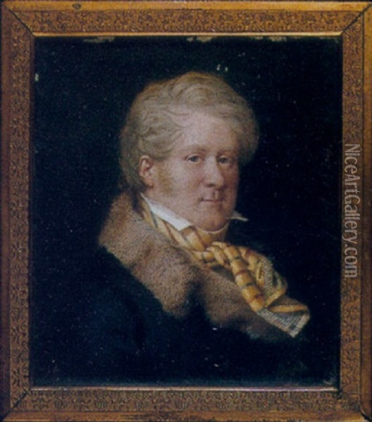 Etienne De Jouy In Blue Coat With Wide Fur Collar, White High-collared Shirt, Multi-coloured Striped Silk Scarf Tied At His Neck Oil Painting - Gabriel Aristide Passot
