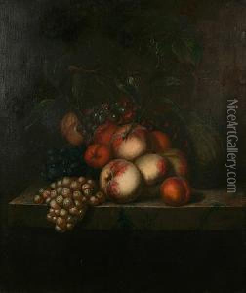 Still Life Of Apples, Oranges, Grapes And Melon On A Ledge Oil Painting - Evert Van Aelst