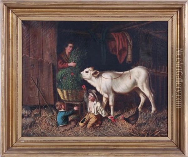 Feeding The Calf Oil Painting - Gaetano Mormile