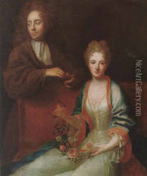 Portrait Of A Husband And Wife, He Holding A Snuff Box, She A Garland Of Flowers Oil Painting - Jean Marc Nattier