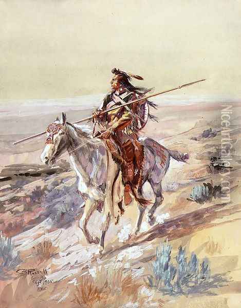 Indian with Spear Oil Painting - Charles Marion Russell
