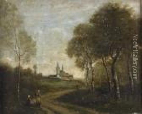 Bauerinnen Am Waldrand. Oil Painting - Jean-Baptiste-Camille Corot