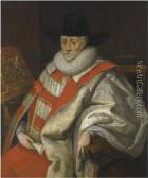 Portrait Of Thomas Egerton, Viscount Brackley (c.1540-1617), Wearing Peer's Robes Oil Painting - Sir Peter Lely