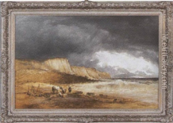 Seascape With Waves In Headland And Figures Gathering Kindling For Camp On Shore Oil Painting - William Collins