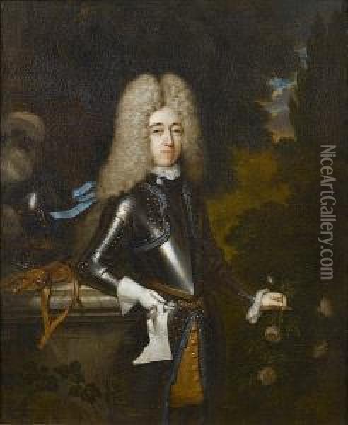 Portrait Of William North, Sixth
 Baron North, Second Baron Grey Of Rolleston, And Jacobite Earl North 
(1678?1734), Three-quarter-length, In Armour, Standing Beside A Marble 
Ledge On Which Rest His Helmet And Sword, In A Landscape; And Portrait 
Of  Oil Painting - Constantin Netscher