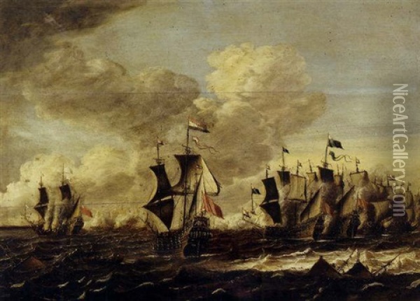 An Anglo-dutch Battle During The First Dutch War Of 1652-54 Oil Painting - Jakob Feyt de Vries