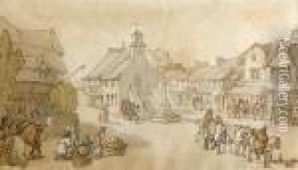 A Street Scene With Figures And Horses Oil Painting - Thomas Rowlandson